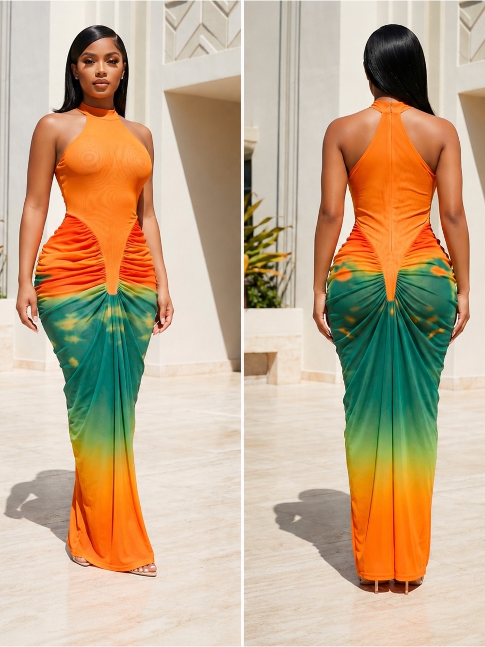 Halter Ombre Maxi Dress in Orange and Green